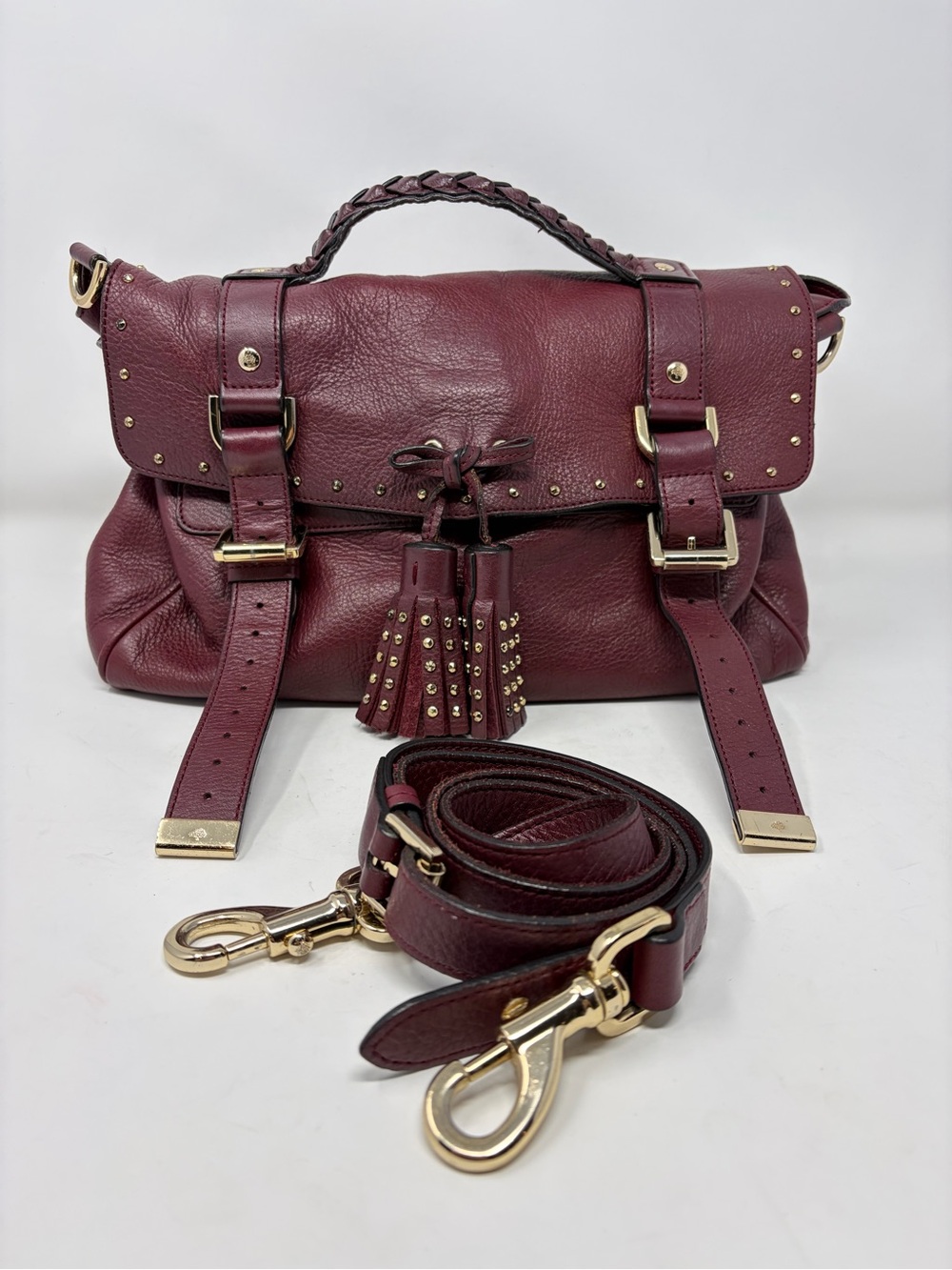 Mulberry Alexa Studded Tassel Satchel Bag Oxblood Burgundy Soft Buffalo Leather